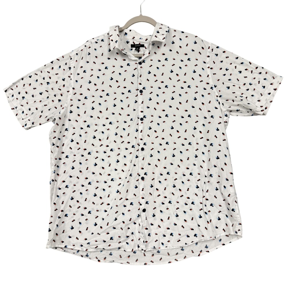Alfani Shirt Mens 2XL White Geometric Short Sleeve Button Up Cotton Casual